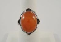 Bold Vintage Handcrafted Sterling Silver Cabochon Carnelian Ring w/ Scallop & Caviar Setting Size 6.5