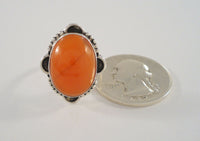 Bold Vintage Handcrafted Sterling Silver Cabochon Carnelian Ring w/ Scallop & Caviar Setting Size 6.5