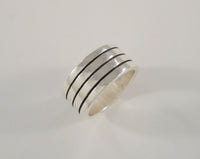 Chunky Vintage Sterling Silver Ring w/ High Relief Modern Carved Stripes Lines Design 9.5mm Wide Heavy Band Size 6.5