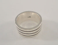 Chunky Vintage Sterling Silver Ring w/ High Relief Modern Carved Stripes Lines Design 9.5mm Wide Heavy Band Size 6.5