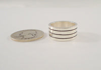 Chunky Vintage Sterling Silver Ring w/ High Relief Modern Carved Stripes Lines Design 9.5mm Wide Heavy Band Size 6.5