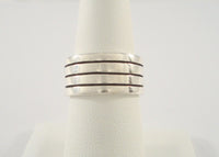 Chunky Vintage Sterling Silver Ring w/ High Relief Modern Carved Stripes Lines Design 9.5mm Wide Heavy Band Size 6.5