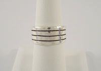 Chunky Vintage Sterling Silver Ring w/ High Relief Modern Carved Stripes Lines Design 9.5mm Wide Heavy Band Size 6.5