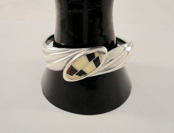 Vintage Native American Sand Cast Sterling Silver and Petrified Wood Inlaid Heavy Cuff Bracelet 6"