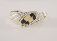 Vintage Native American Sand Cast Sterling Silver and Petrified Wood Inlaid Heavy Cuff Bracelet 6"