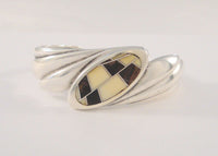 Vintage Native American Sand Cast Sterling Silver and Petrified Wood Inlaid Heavy Cuff Bracelet 6"