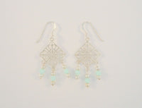 Long Delicately Crafted, Vintage Sterling Silver and Aqua Blue Faceted Beads Open Scrollwork Cut Detail Dangle Hook Earrings