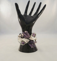 Amazing Massive Vintage Mexican 980 Sterling Silver Hands w/ Carved Amethyst Tulips Chunky Cuff Bracelet Ca. 1940's