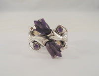 Amazing Massive Vintage Mexican 980 Sterling Silver Hands w/ Carved Amethyst Tulips Chunky Cuff Bracelet Ca. 1940's