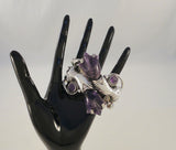 Amazing Massive Vintage Mexican 980 Sterling Silver Hands w/ Carved Amethyst Tulips Chunky Cuff Bracelet Ca. 1940's