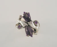 Amazing Massive Vintage Mexican 980 Sterling Silver Hands w/ Carved Amethyst Tulips Chunky Cuff Bracelet Ca. 1940's