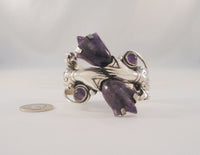 Amazing Massive Vintage Mexican 980 Sterling Silver Hands w/ Carved Amethyst Tulips Chunky Cuff Bracelet Ca. 1940's