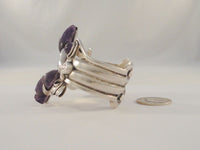 Amazing Massive Vintage Mexican 980 Sterling Silver Hands w/ Carved Amethyst Tulips Chunky Cuff Bracelet Ca. 1940's