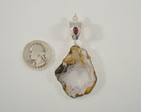 Big Chunky Vintage Sterling Silver Drusy Amethyst Crystals Geode Slice w/ Garnet Accent Freeform Pendant