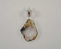 Big Chunky Vintage Sterling Silver Drusy Amethyst Crystals Geode Slice w/ Garnet Accent Freeform Pendant