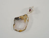 Big Chunky Vintage Sterling Silver Drusy Amethyst Crystals Geode Slice w/ Garnet Accent Freeform Pendant