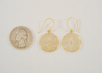 Large Signed Vintage Yellow Gold Vermeil Over Sterling Silver Filigree Openwork Floral Rosette Dangle Hook Earrings