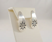 Large Vintage Handcrafted Signed Sterling Silver Carved & Antiqued Hopi Sunface Curved Teardrop Pierced Earrings by Native American Artisan Loren Sakeva Qumawunu