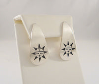 Large Vintage Handcrafted Signed Sterling Silver Carved & Antiqued Hopi Sunface Curved Teardrop Pierced Earrings by Native American Artisan Loren Sakeva Qumawunu