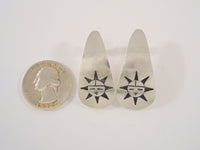 Large Vintage Handcrafted Signed Sterling Silver Carved & Antiqued Hopi Sunface Curved Teardrop Pierced Earrings by Native American Artisan Loren Sakeva Qumawunu