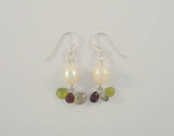 Vintage Sterling Silver & White Freshwater Pearls w/ Green Red & Gray Pear Cut Gemstone Drop Dangle Earrings Garnet