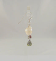 Vintage Sterling Silver & White Freshwater Pearls w/ Green Red & Gray Pear Cut Gemstone Drop Dangle Earrings Garnet