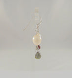 Vintage Sterling Silver & White Freshwater Pearls w/ Green Red & Gray Pear Cut Gemstone Drop Dangle Earrings Garnet