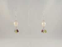 Vintage Sterling Silver & White Freshwater Pearls w/ Green Red & Gray Pear Cut Gemstone Drop Dangle Earrings Garnet