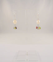 Vintage Sterling Silver & White Freshwater Pearls w/ Green Red & Gray Pear Cut Gemstone Drop Dangle Earrings Garnet