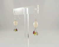 Vintage Sterling Silver & White Freshwater Pearls w/ Green Red & Gray Pear Cut Gemstone Drop Dangle Earrings Garnet