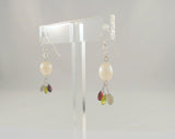 Vintage Sterling Silver & White Freshwater Pearls w/ Green Red & Gray Pear Cut Gemstone Drop Dangle Earrings Garnet