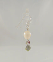 Vintage Sterling Silver & White Freshwater Pearls w/ Green Red & Gray Pear Cut Gemstone Drop Dangle Earrings Garnet