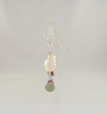 Vintage Sterling Silver & White Freshwater Pearls w/ Green Red & Gray Pear Cut Gemstone Drop Dangle Earrings Garnet