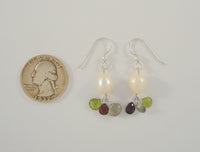 Vintage Sterling Silver & White Freshwater Pearls w/ Green Red & Gray Pear Cut Gemstone Drop Dangle Earrings Garnet