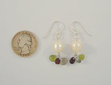 Vintage Sterling Silver & White Freshwater Pearls w/ Green Red & Gray Pear Cut Gemstone Drop Dangle Earrings Garnet