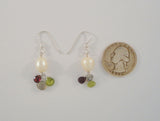 Vintage Sterling Silver & White Freshwater Pearls w/ Green Red & Gray Pear Cut Gemstone Drop Dangle Earrings Garnet