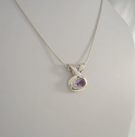 Large Signed Vintage Sterling Silver & Faceted Amethyst Sleek Modernist Slider Pendant Necklace 16"