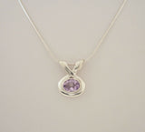 Large Signed Vintage Sterling Silver & Faceted Amethyst Sleek Modernist Slider Pendant Necklace 16"