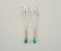 Long, Vintage Native American Handcrafted Sterling Silver & Vivid Blue Southwest Sawtooth Set Turquoise Bar Dangle Hook Earrings