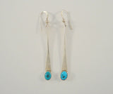 Long, Vintage Native American Handcrafted Sterling Silver & Vivid Blue Southwest Sawtooth Set Turquoise Bar Dangle Hook Earrings