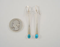 Long, Vintage Native American Handcrafted Sterling Silver & Vivid Blue Southwest Sawtooth Set Turquoise Bar Dangle Hook Earrings