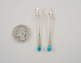 Long, Vintage Native American Handcrafted Sterling Silver & Vivid Blue Southwest Sawtooth Set Turquoise Bar Dangle Hook Earrings