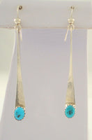 Long, Vintage Native American Handcrafted Sterling Silver & Vivid Blue Southwest Sawtooth Set Turquoise Bar Dangle Hook Earrings