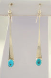 Long, Vintage Native American Handcrafted Sterling Silver & Vivid Blue Southwest Sawtooth Set Turquoise Bar Dangle Hook Earrings