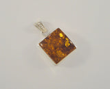 Thick Large Chunky Vintage Handmade Sterling Silver & Proud Set Square Cognac Honey Baltic Amber Pendant