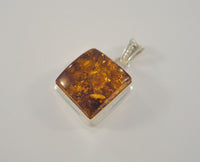 Thick Large Chunky Vintage Handmade Sterling Silver & Proud Set Square Cognac Honey Baltic Amber Pendant