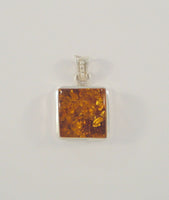 Thick Large Chunky Vintage Handmade Sterling Silver & Proud Set Square Cognac Honey Baltic Amber Pendant