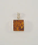 Thick Large Chunky Vintage Handmade Sterling Silver & Proud Set Square Cognac Honey Baltic Amber Pendant