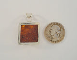 Thick Large Chunky Vintage Handmade Sterling Silver & Proud Set Square Cognac Honey Baltic Amber Pendant