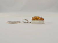 Thick Large Chunky Vintage Handmade Sterling Silver & Proud Set Square Cognac Honey Baltic Amber Pendant